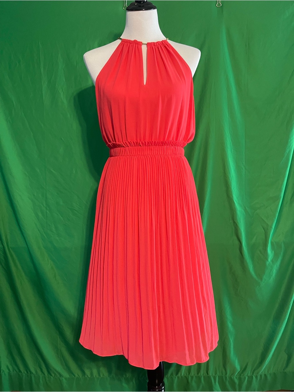 Sleeveless Pleated Michael Kors Halter Dress in Coral